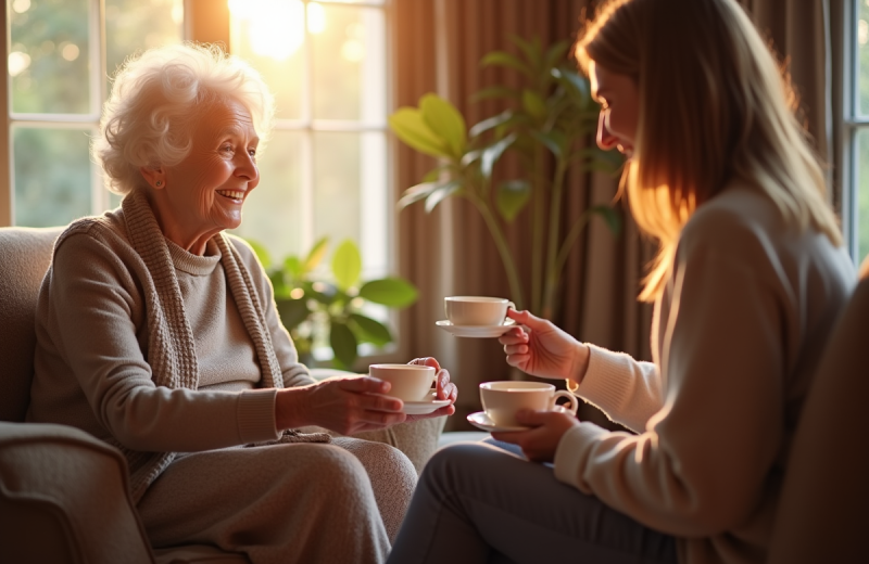 Femme agee souriante discutant avec un visiteur autour d un thé