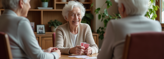 Seniors jouant aux cartes dans un espace chaleureux