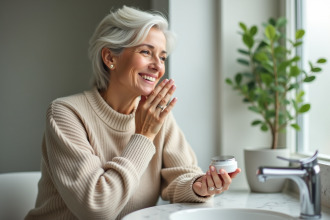 Femme souriante appliquant une creme visage dans sa salle de bain