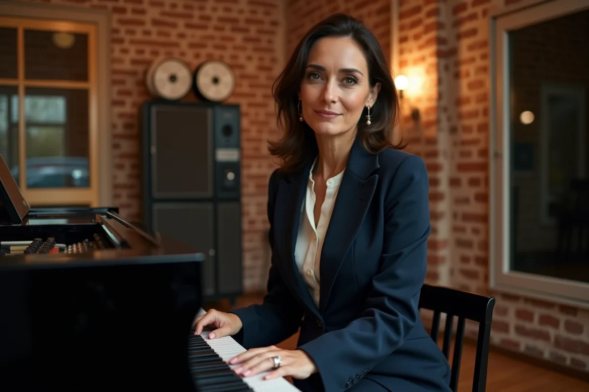 Stone chanteuse adulte au piano dans un studio d'enregistrement professionnel, blazer marine et expression assurée