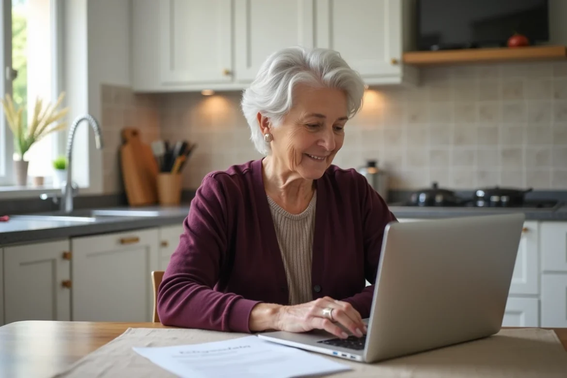 Femme senior vérifiant la bonne réception de ses documents Agirc Arrco sur son espace en ligne depuis chez elle