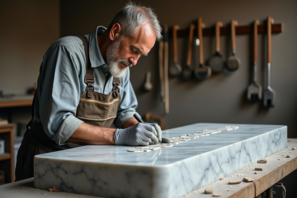 Un tailleur de pierre grave une pierre tombale en marbre dans son atelier