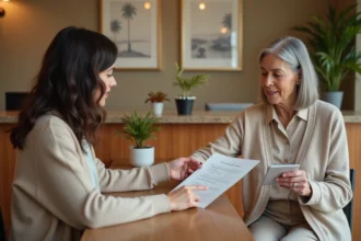 Une résidente senior examine les tarifs d'une résidence Domitys avec une conseillère à l'accueil