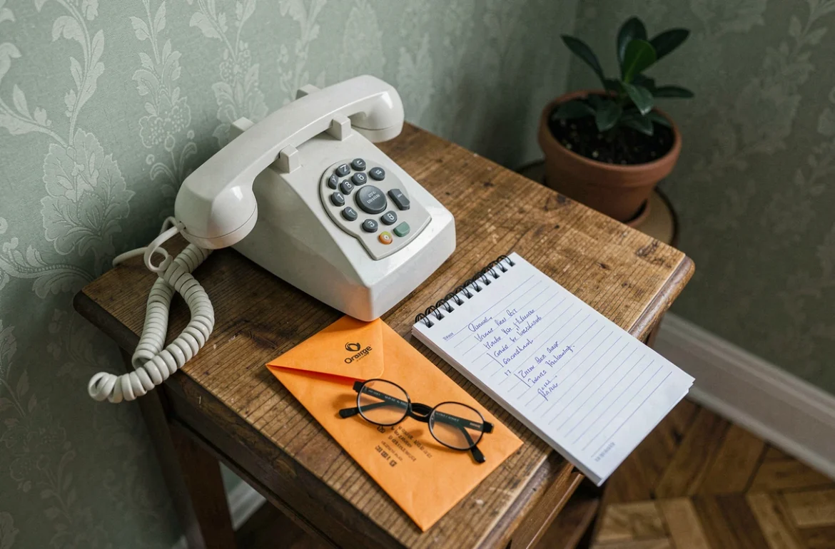 Gros plan sur un téléphone fixe filaire blanc posé à côté d'une enveloppe Orange et d'une liste de démarches manuscrites sur une table en bois