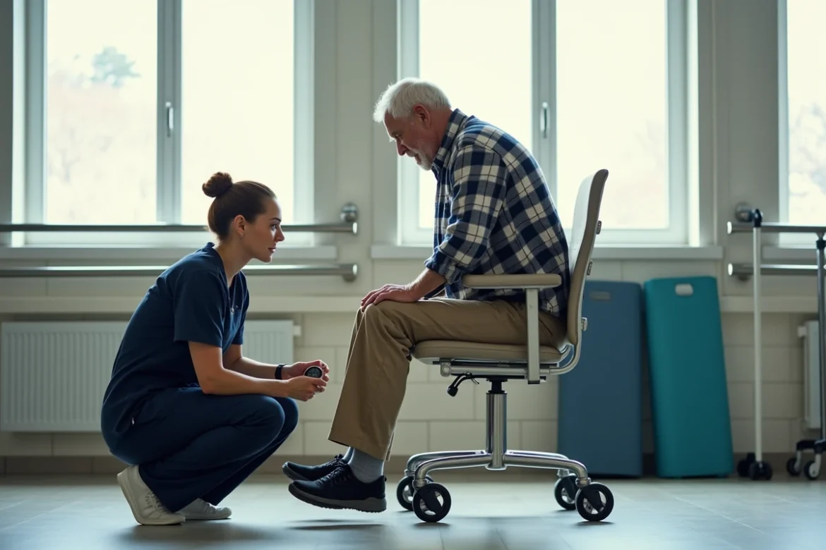 Patient âgé se levant d'une chaise sous observation d'une kinésithérapeute lors de l'épreuve du test de Tinetti en salle de rééducation