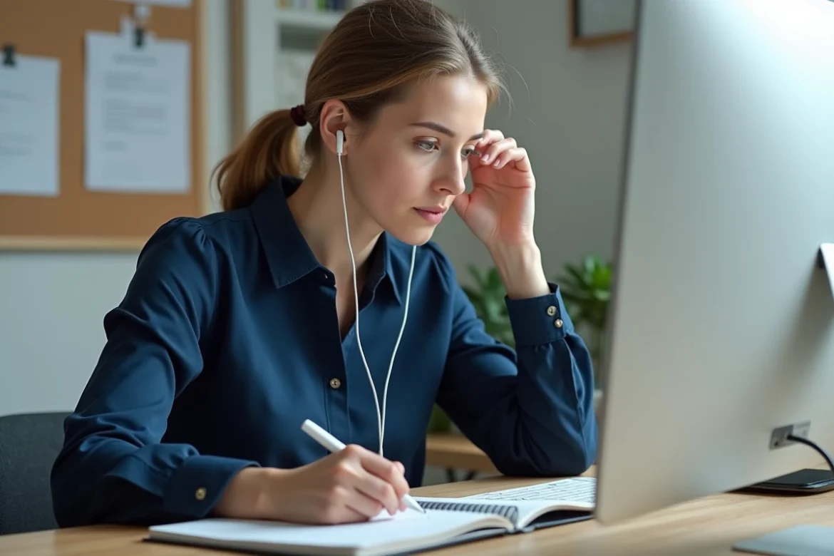 Une tutrice familiale prenant des notes sur son avis concernant le service MonProxima depuis son bureau à domicile