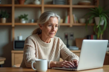 Tutrice familiale consultant la plateforme MonProxima sur son ordinateur portable dans une cuisine chaleureuse