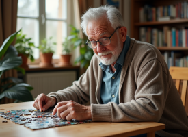 Homme age assis jouant au puzzle dans un salon chaleureux